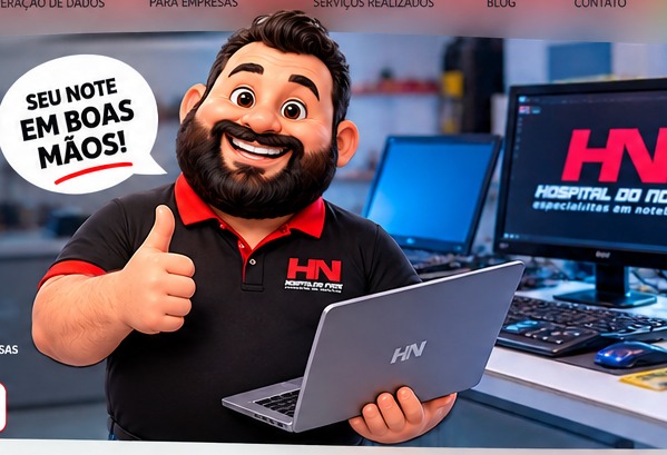 Mascote do Hospital do Note com notebook